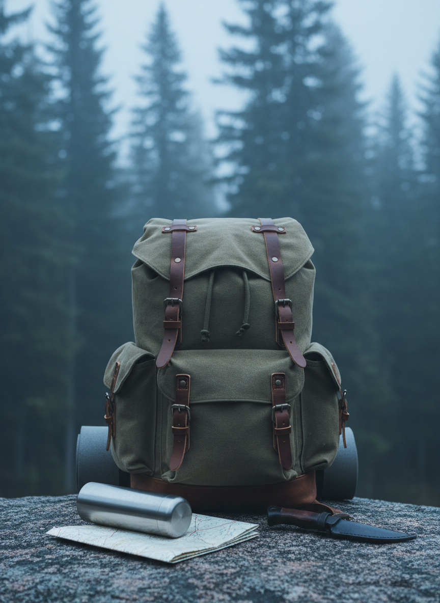 A rugged olive-green backpack made of weathered canvas with reinforced leather straps and metal buckles, standing upright on a flat granite rock at the edge of a misty pine forest. Around it lie a stainless-steel water bottle, a folded topographic map, and a compact survival knife with a wooden handle. Early morning, diffused overcast light filters through tall conifers, creating soft highlights on the gear and a cool, bluish cast in the background. Shot at eye level in photographic realism with shallow depth of field, the backpack dominates the frame while the forest dissolves into a gentle bokeh, conveying bold readiness for outdoor adventure and self-reliance.