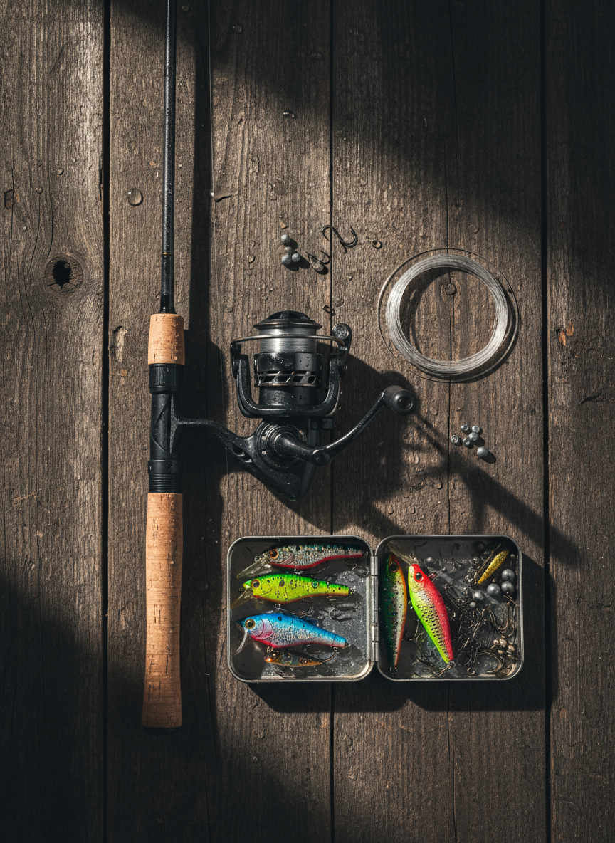 An organized flat lay of essential fishing gear spread across a rough, dark wooden plank surface: a matte black spinning reel mounted on a cork-handled rod, neatly coiled translucent line, a small metal tackle box open to reveal brightly painted lures, barbed hooks, and swivels. Water droplets cling to the metal surfaces, hinting at recent use. Soft, diffused side lighting from an unseen window creates crisp highlights on the reel and subtle shadows that emphasize texture in the wood grain. Photographic realism with a top-down, bird’s-eye composition gives a bold, editorial feel, turning practical equipment into a powerful visual story of focused, technical outdoor fishing experiences.