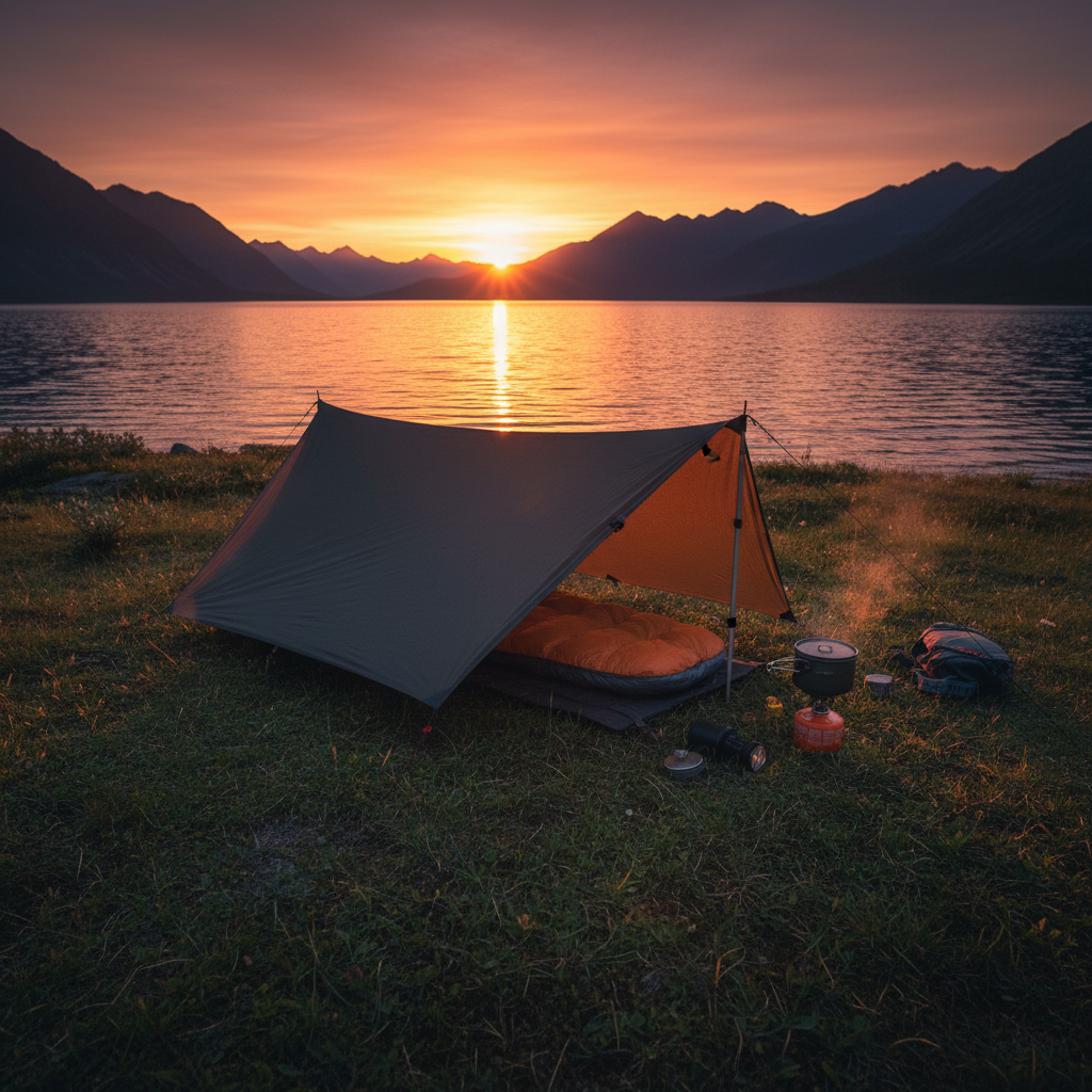 A compact bivouac camp set up on a grassy lakeshore, featuring a low-profile, dark forest-green tarp shelter stretched tight between two sturdy trekking poles, with a down sleeping bag peeking from beneath. Beside it, a lightweight titanium pot simmers on a small gas stove, with ripples on the lake catching the last fiery hues of sunset. Golden hour light reflects off the water, casting warm orange highlights on the gear and deep, dramatic shadows on the ground. Captured from a slightly elevated angle in photographic realism, the composition uses the rule of thirds, with the shelter in the foreground and distant mountains fading into a hazy, powerful horizon, evoking raw, minimalist wilderness living.