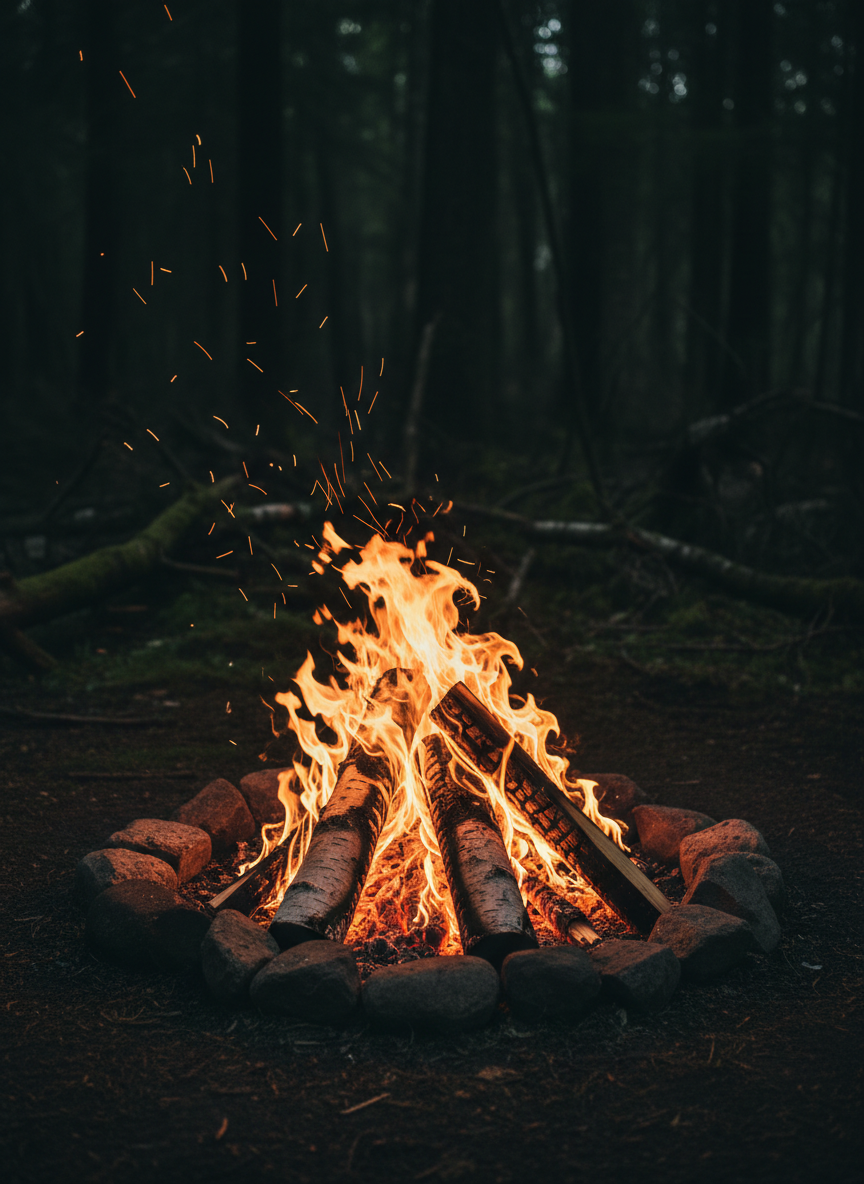 A close-up of a campfire built within a circle of blackened river stones on damp forest soil, thick orange and blue flames licking around split birch logs with curling, pale bark. Small sparks shoot upward into the darkening woods, where moss-covered roots and fallen branches fade into shadow. The only light source is the fire itself, casting intense, warm glow on the stones and nearby ground while the background remains almost entirely black. Shot from a low angle for a cinematic, photographic realism effect, the composition centers the core of the flames, capturing flickering motion and raw energy, evoking primal comfort and the bold heart of outdoor bivouac life.